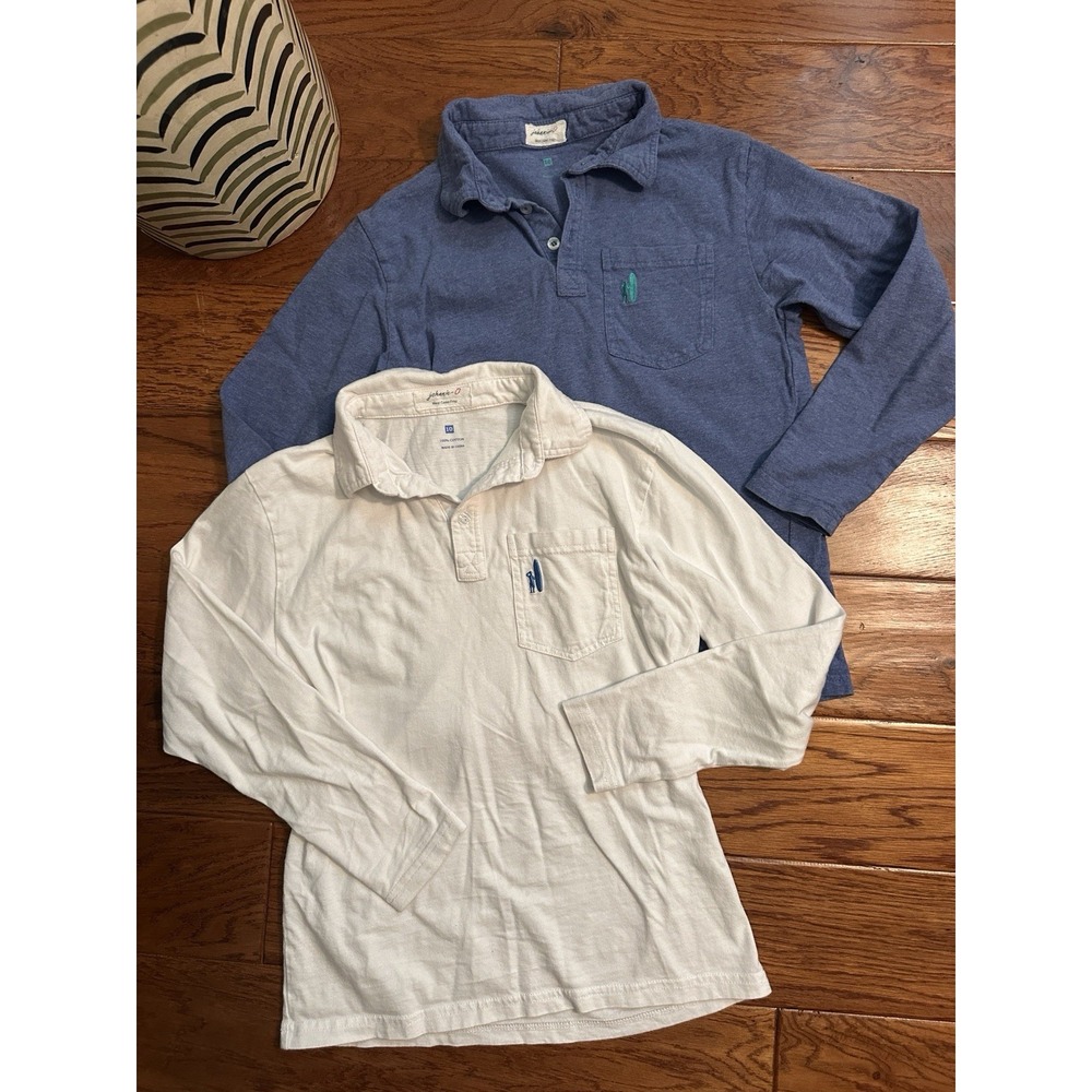Lot of 2 Johnnie-O Boys Size 10 Long Sleeve Polo Shirts White Blue Cotton Pocket